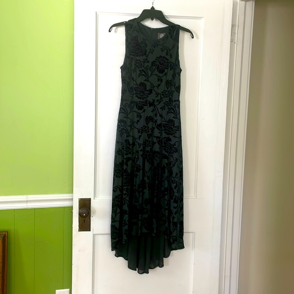 Vince Camuto dark green velvet evening dress.